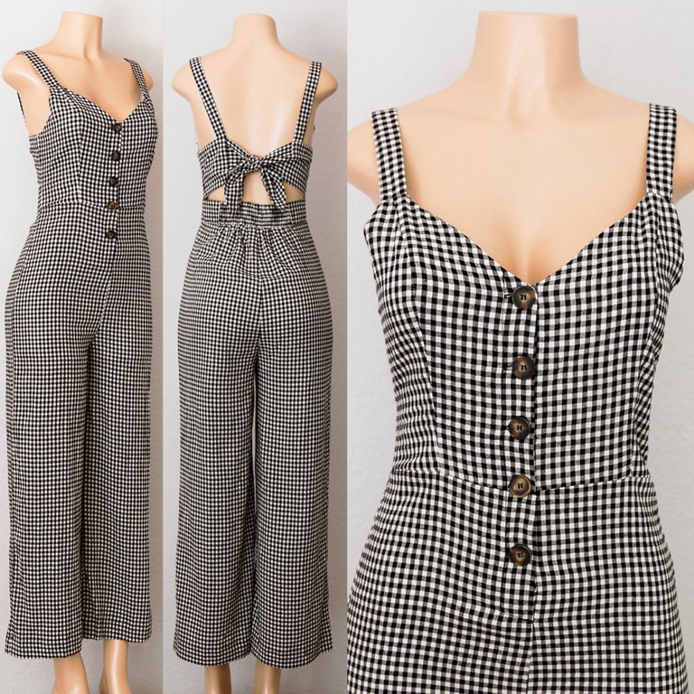 NEW Gingham Plaid Button Front Tie Back Jumpsuits - Picture 2 of 11